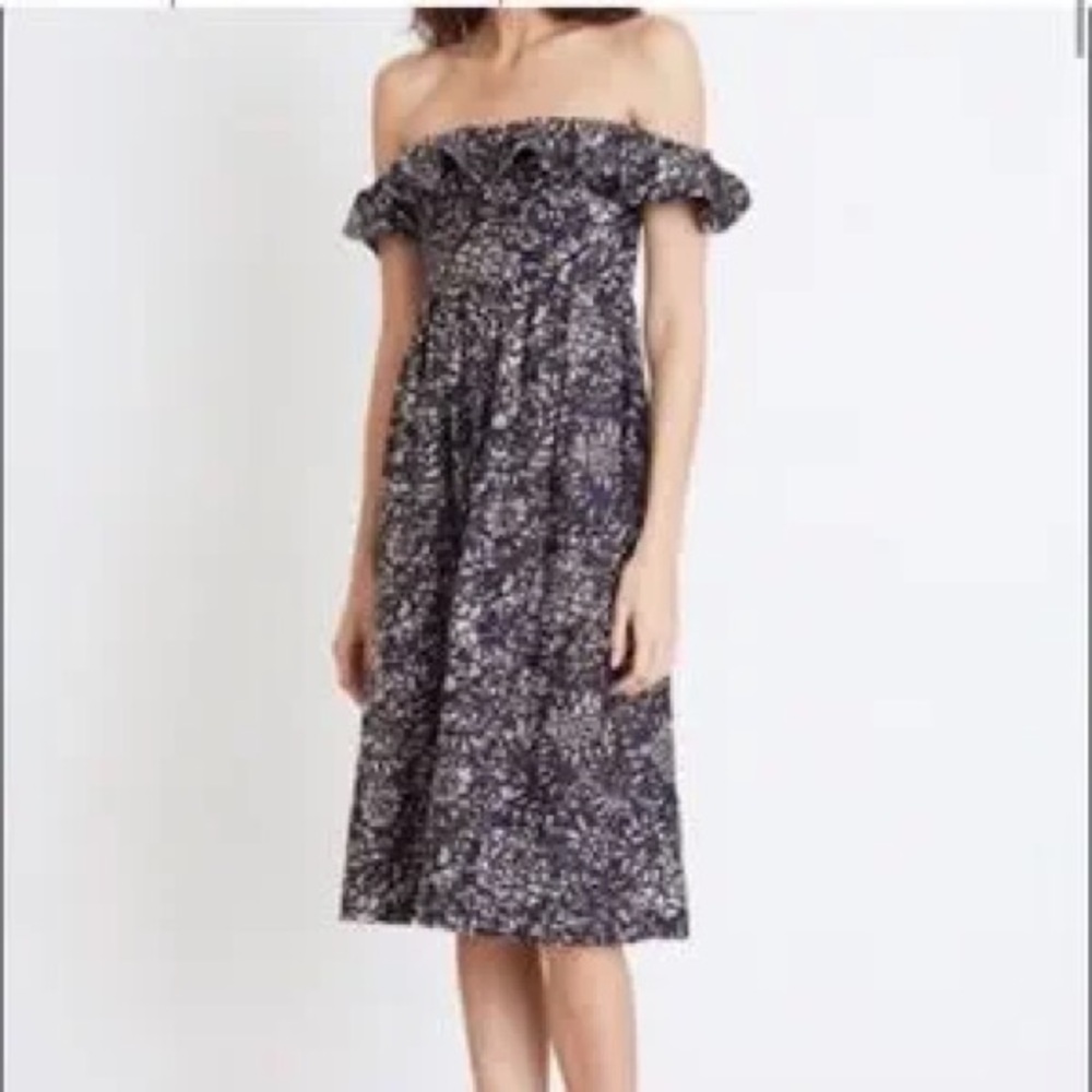 Apiece Apart: Elegant Navy/Light Pink Off The Shoulder Novella Maria Dress